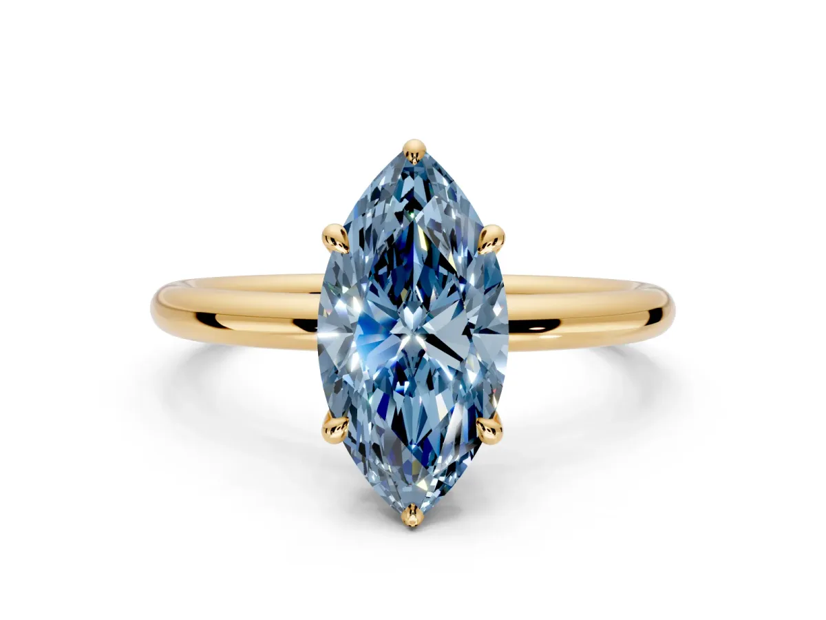 Hidden Halo Engagement Ring Setting for Fancy Blue Marquise Center with Thin Rounded Band and Prong Head in Yellow Gold
