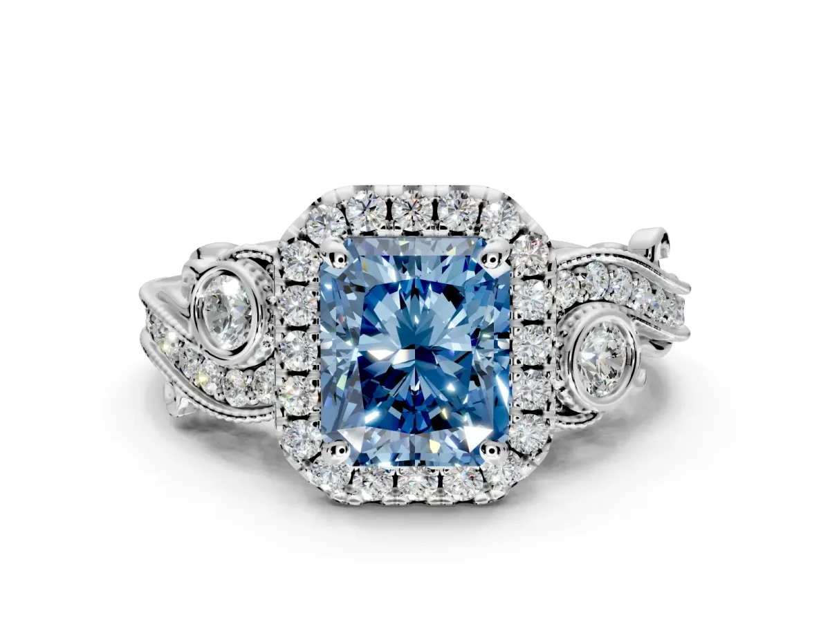 Milgrain Halo Engagement Ring Setting for Fancy Blue Radiant Cut Center with Shoulder Bezels and Prong Head in Platinum