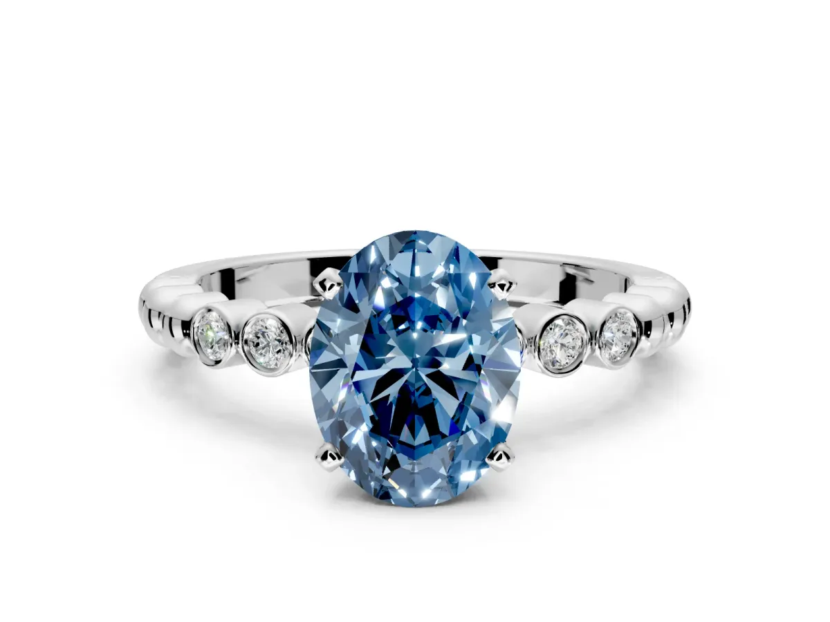 Solitaire Engagement Ring Setting for Fancy Blue Oval Center with Bezel-Dot Beaded Band and Prong Head in Sterling Silver