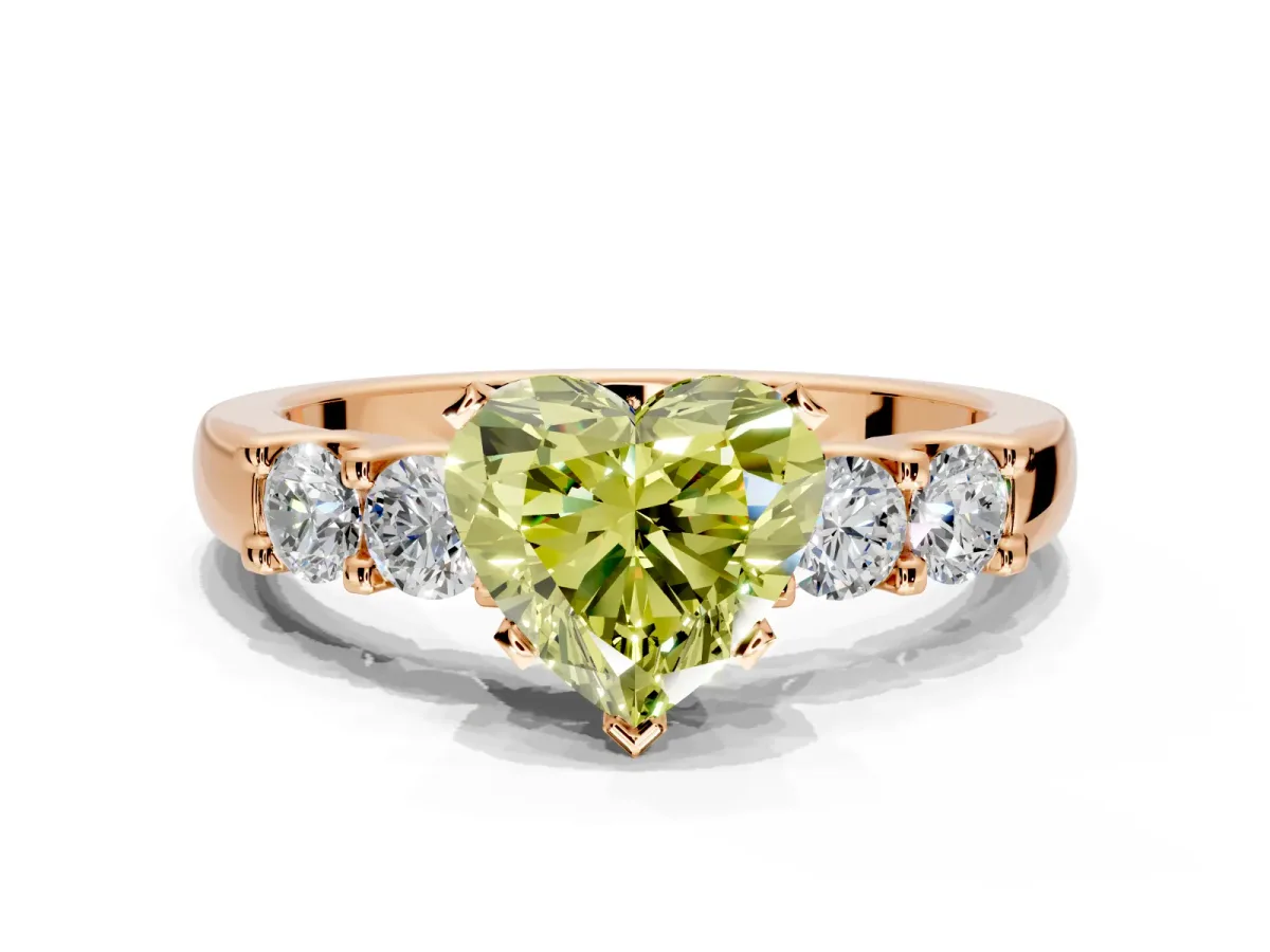 5 Stone Engagement Ring Setting for Fancy Yellow Heart-Shaped Center with Plain Band and Prong Head in Rose Gold