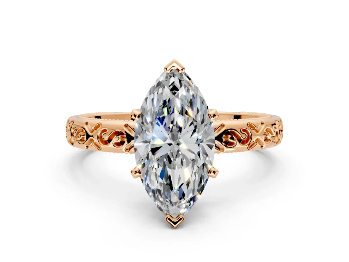 Solitaire Engagement Ring Setting for Marquise Center with Scrollwork Band and Prong Head in Rose Gold