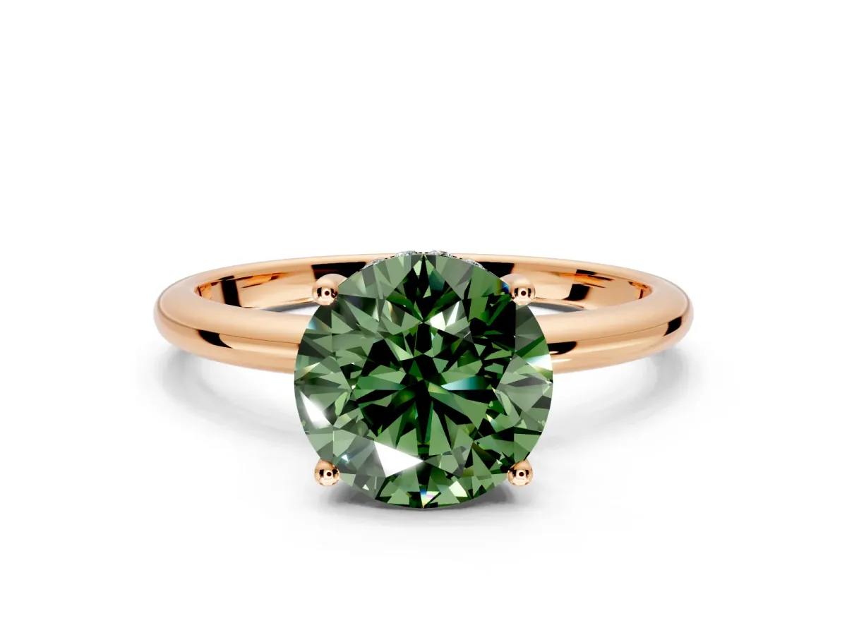 Hidden Halo Engagement Ring Setting for Fancy Green Round Cut Center with Thin Round-Wire Band and Prong Head in Rose Gold