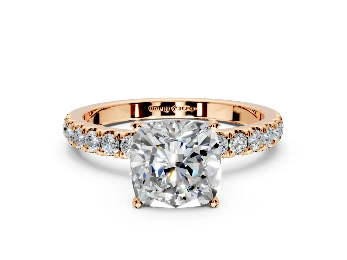 Open Basket Engagement Ring Setting for Cushion Cut Center with Pave Band and Prong Head in Rose Gold