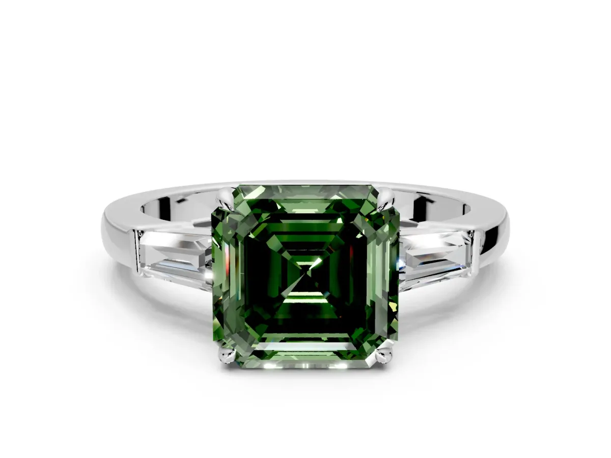 3 Stone Engagement Ring Setting for Fancy Green Asscher Cut Center with Baguette Accents and Prong Head in Sterling Silver