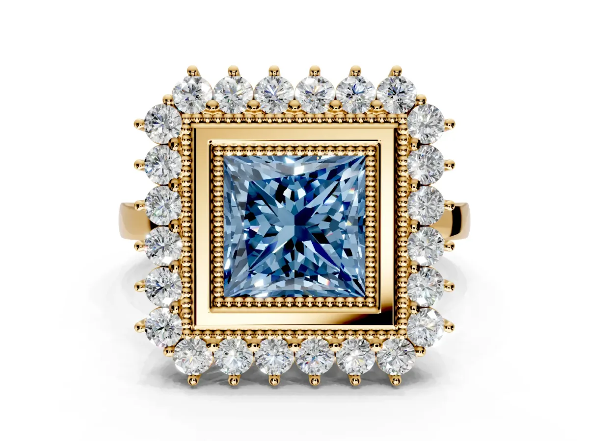 Halo Engagement Ring Setting for Fancy Blue Princess Cut Center with Milgrain Bezel Rim, Plain Band and Prong Head in Yellow Gold