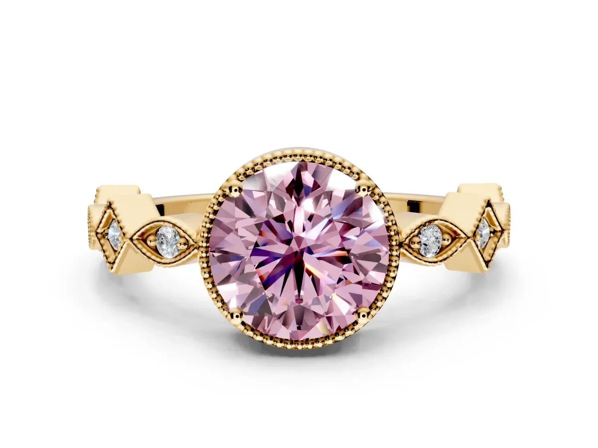 Milgrain Bezel Engagement Ring Setting for Fancy Pink Round Cut Center with Marquise Stations and Bezel Head in Yellow Gold