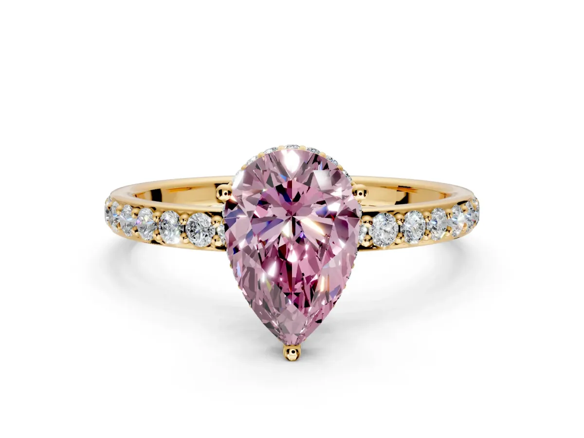 Hidden Halo Engagement Ring Setting for Fancy Pink Pear-Shaped Center with Pave Band and Prong Head in Yellow Gold