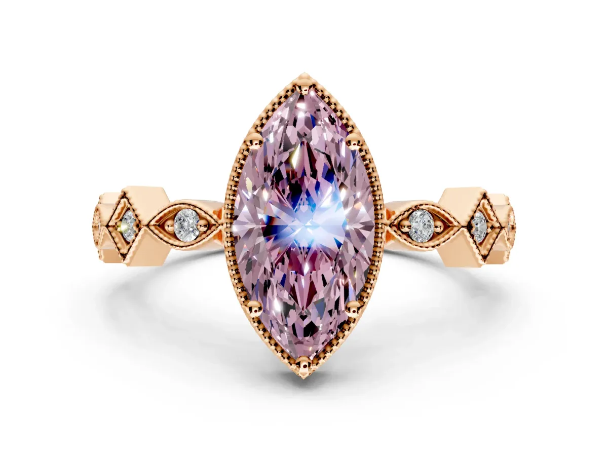 Milgrain Bezel Engagement Ring Setting for Fancy Pink Marquise Center with Marquise Stations and Bezel Head in Rose Gold