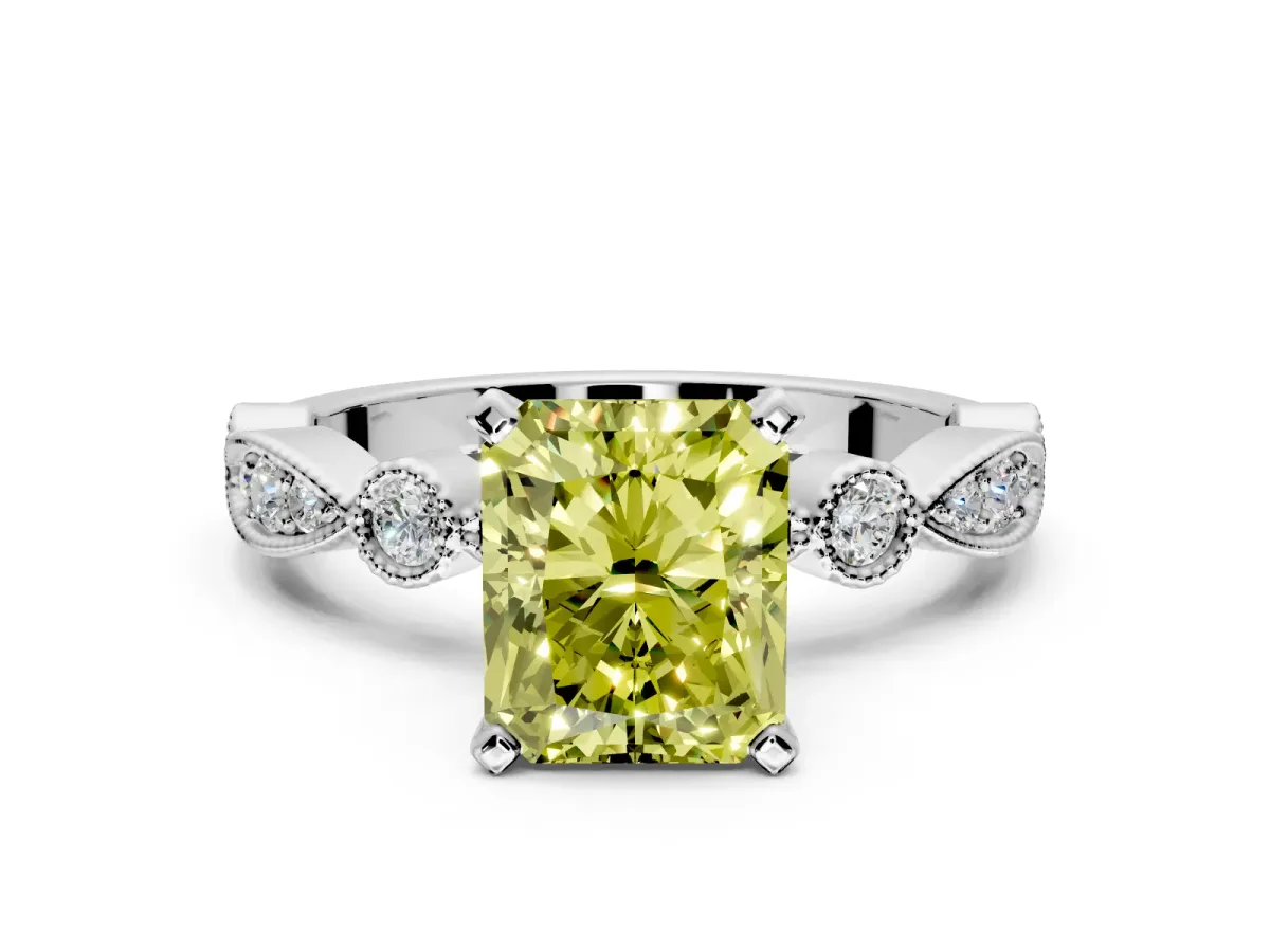 Solitaire Engagement Ring Setting for Fancy Yellow Radiant Cut Center with Milgrain Bezel Accents and Prong Head in Platinum