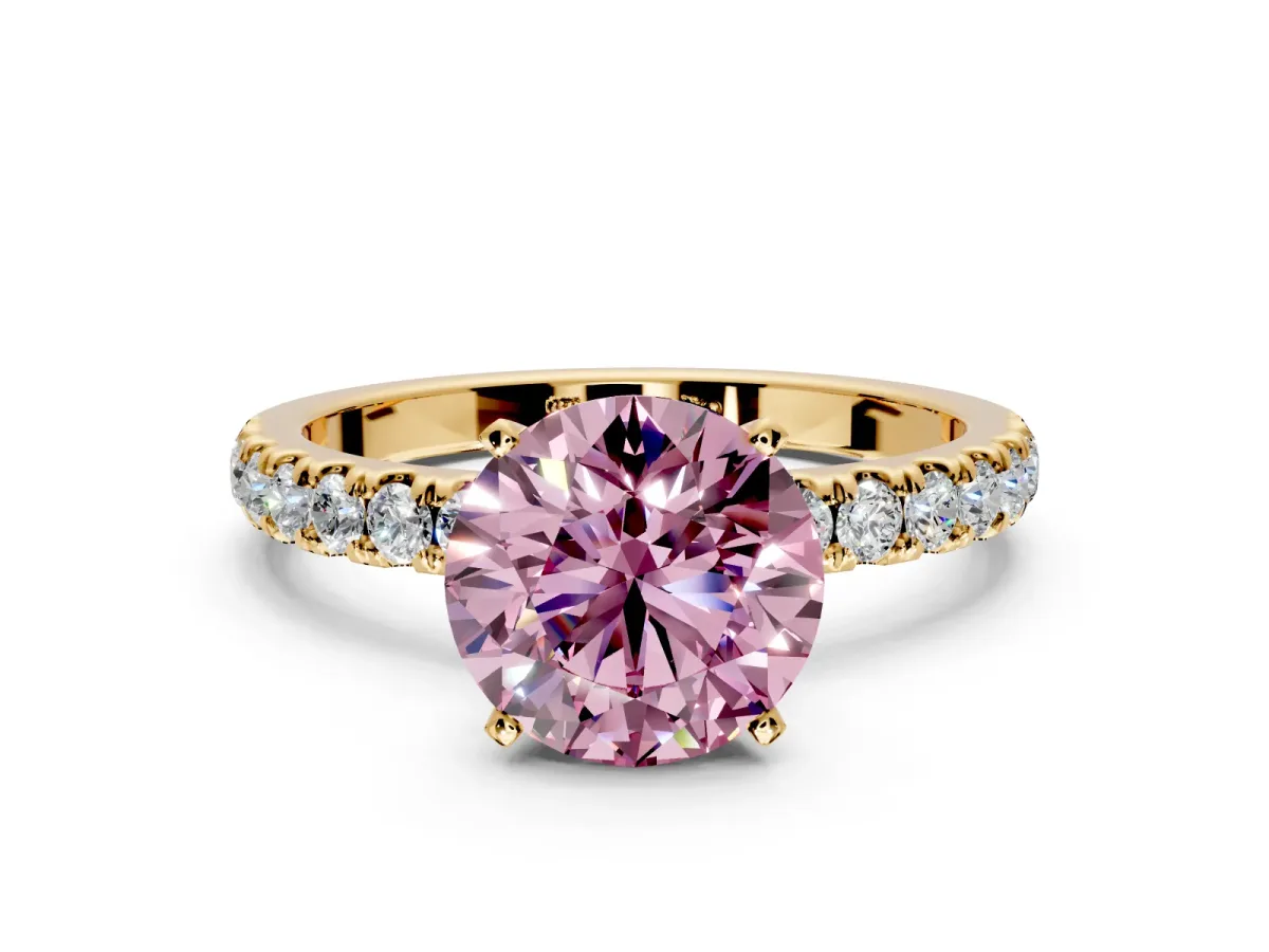Open Basket Engagement Ring Setting for Fancy Pink Round Cut Center with Pave Band and Prong Head in Yellow Gold