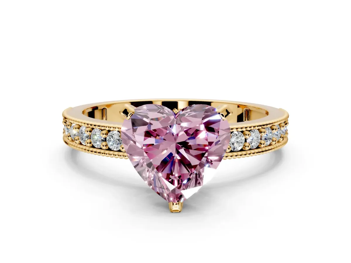 Milgrain Pave Engagement Ring Setting for Fancy Pink Heart-Shaped Center with Accent Band and Prong Head in Yellow Gold