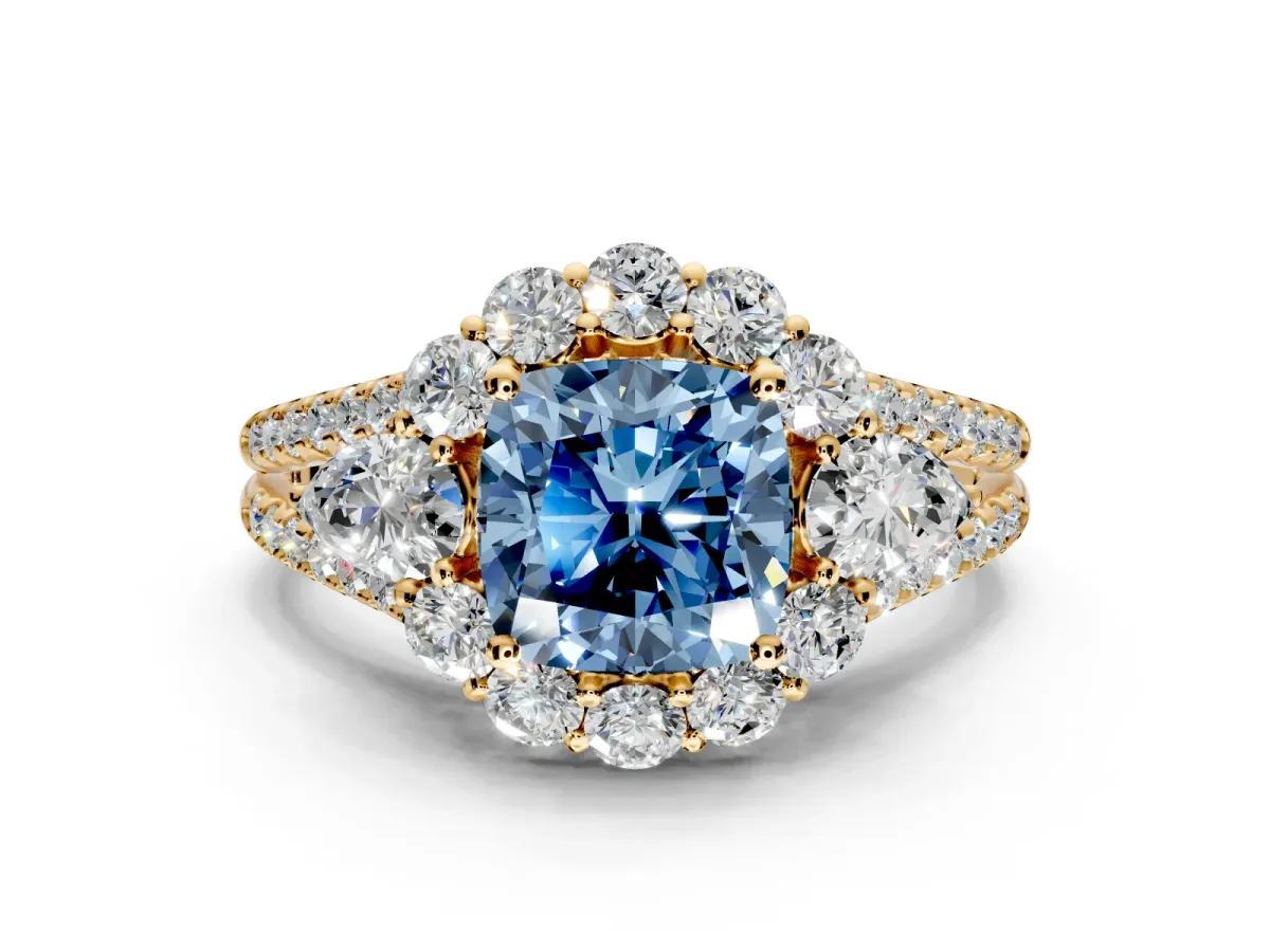 Halo Engagement Ring Setting for Fancy Blue Cushion Cut Center with Two-Strand Split Shank and Prong Head in Yellow Gold