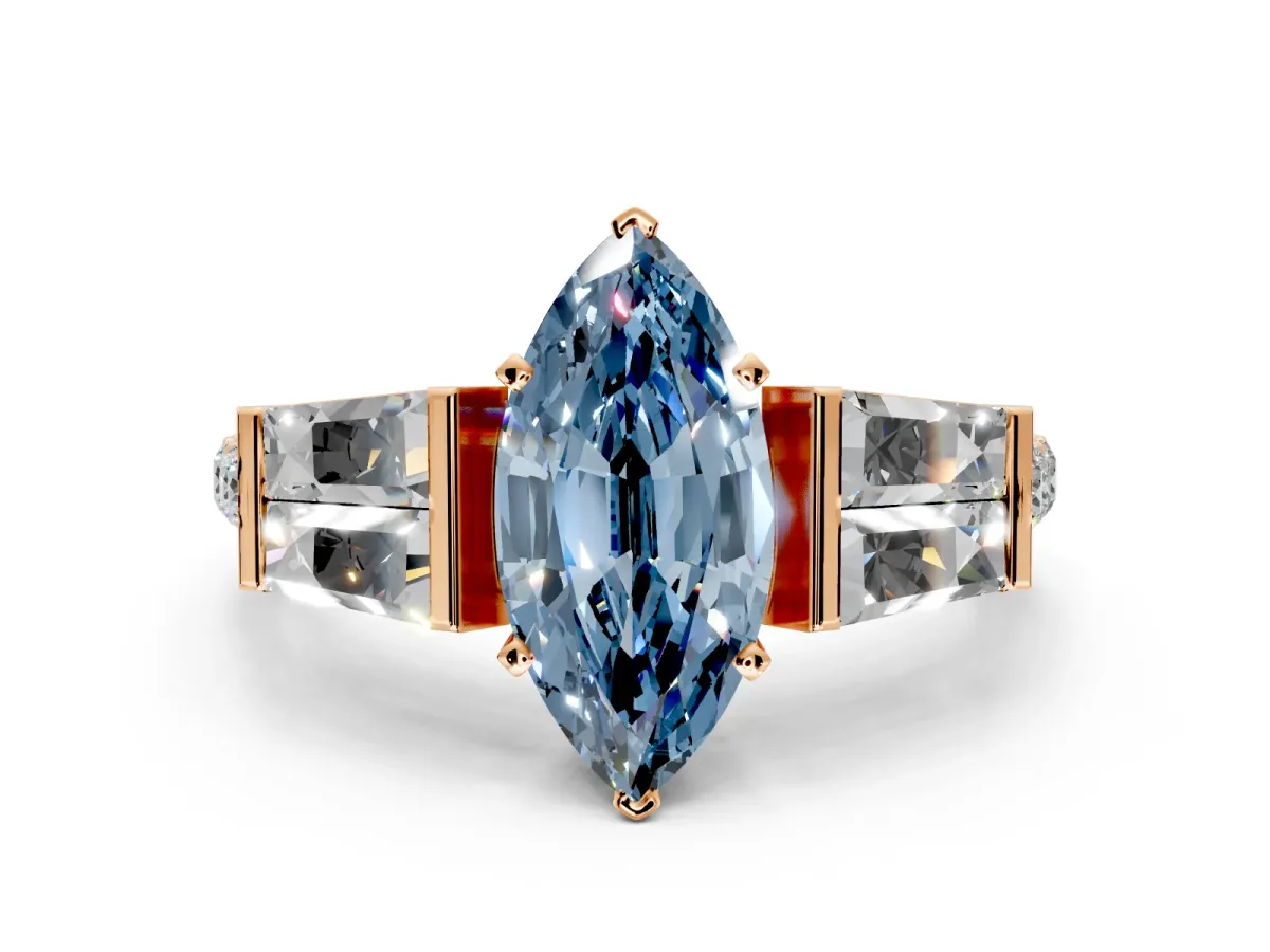 Channel-Set Engagement Ring Setting for Fancy Blue Marquise Center with Baguette Band and Prong Head in Rose Gold