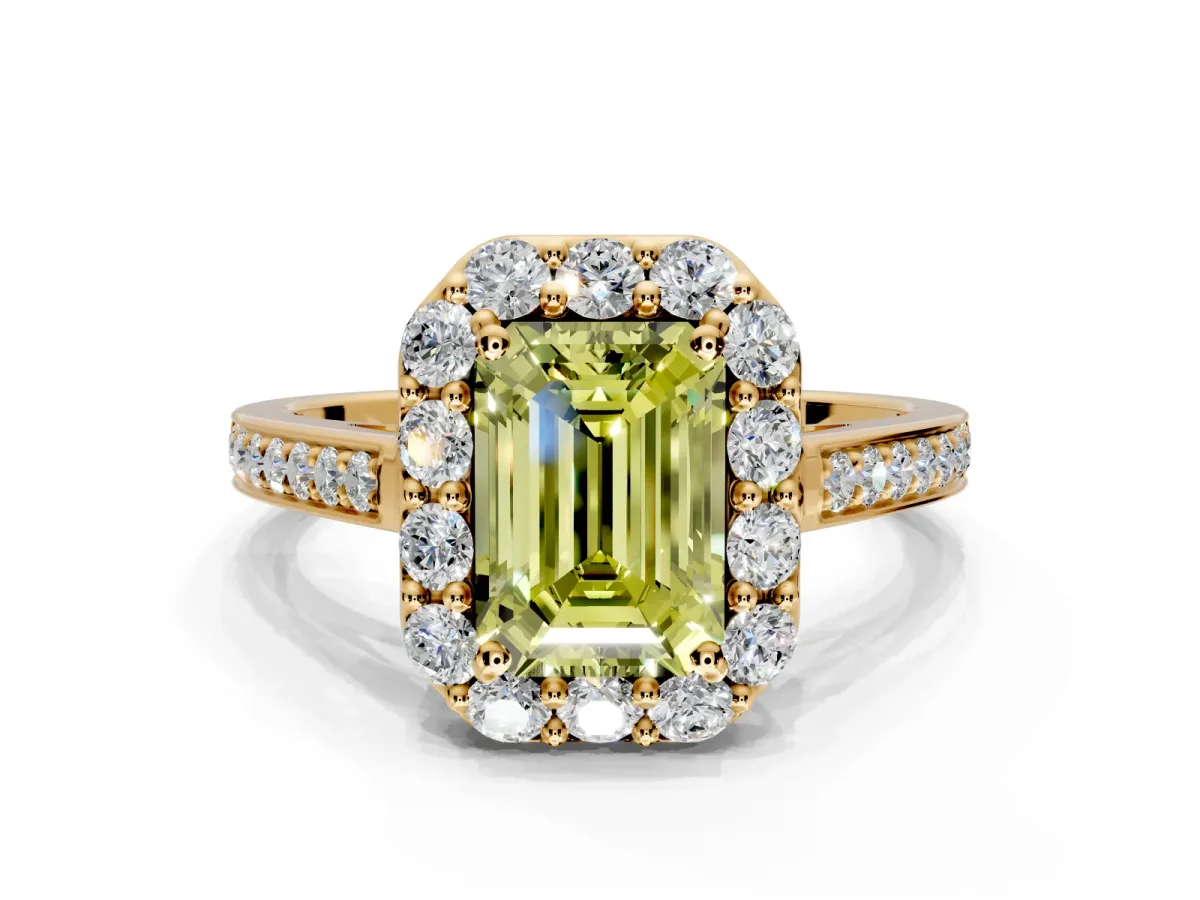 Floral Halo Engagement Ring Setting for Fancy Yellow Emerald Cut Center with Large Halo Accents and Prong Head in Yellow Gold