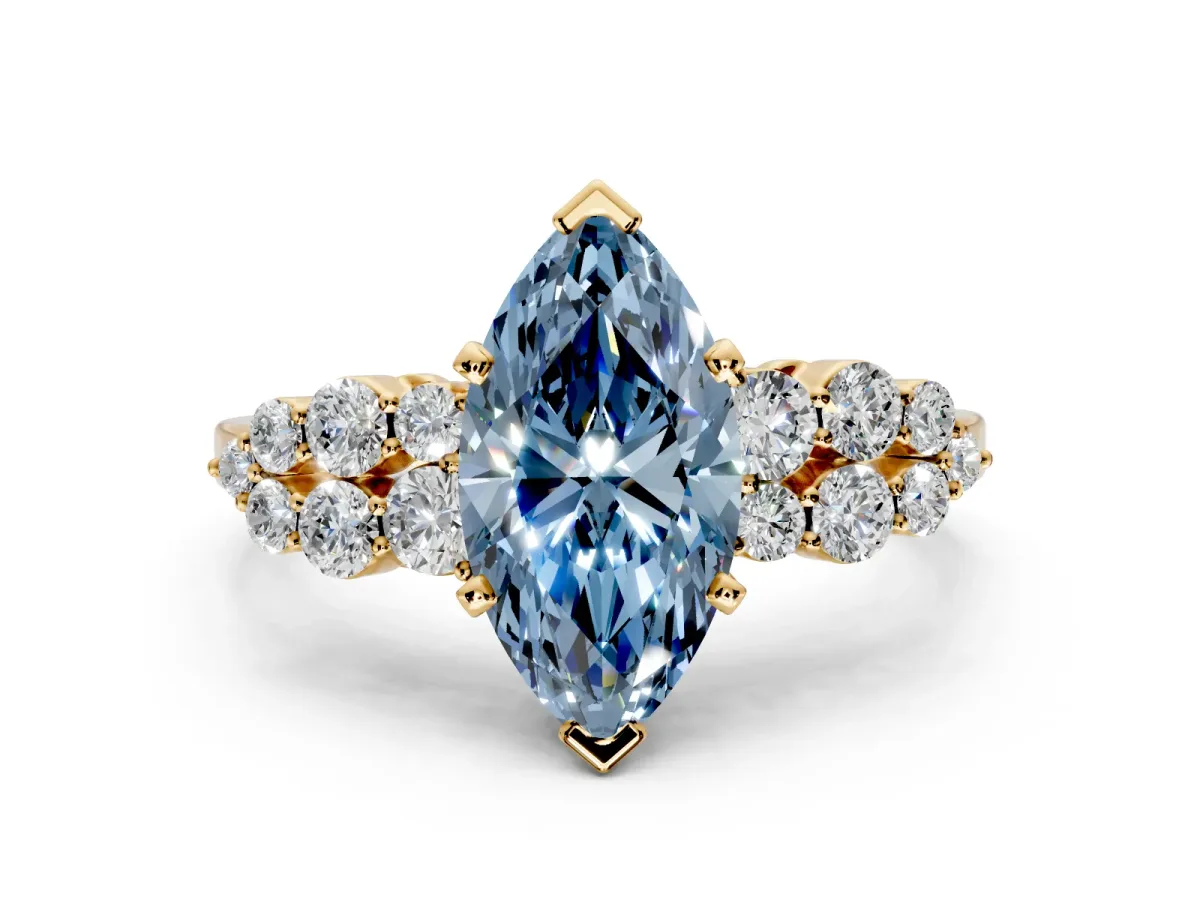 Cluster Engagement Ring Setting for Fancy Blue Marquise Center with 2-Row Shoulder Clusters and Prong Head in Yellow Gold