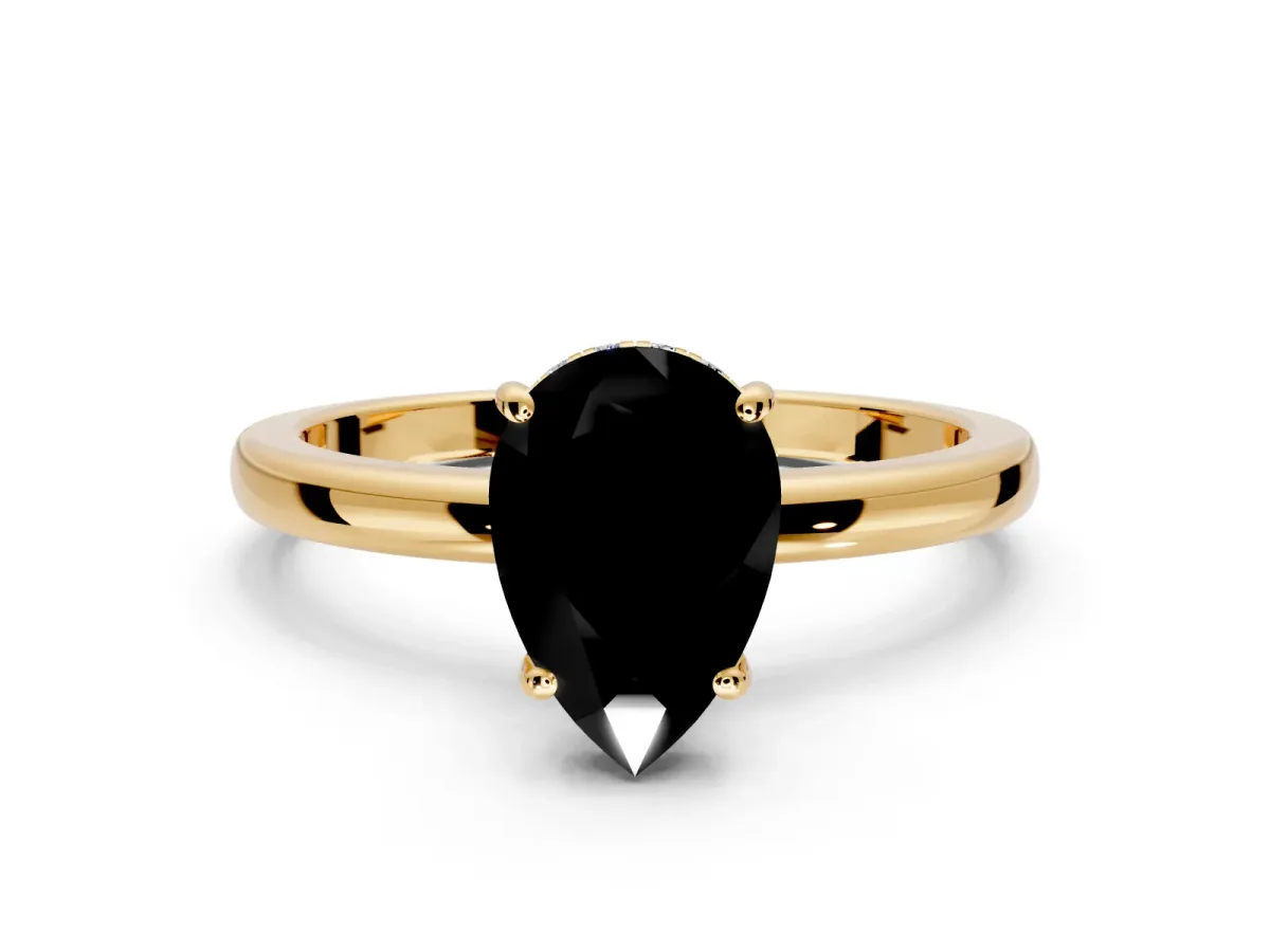 Solitaire Engagement Ring Setting for Fancy Black Pear-Shaped Center with Fine Wire Band and Prong Head in Yellow Gold