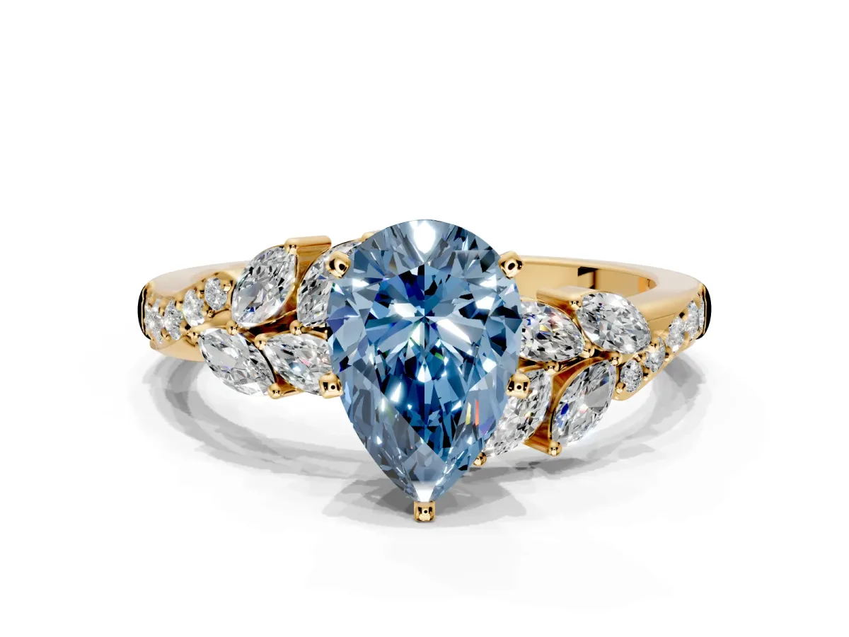 Solitaire Engagement Ring Setting for Fancy Blue Pear-Shaped Center with Marquise Accent Twist Band and Prong Head in Yellow Gold