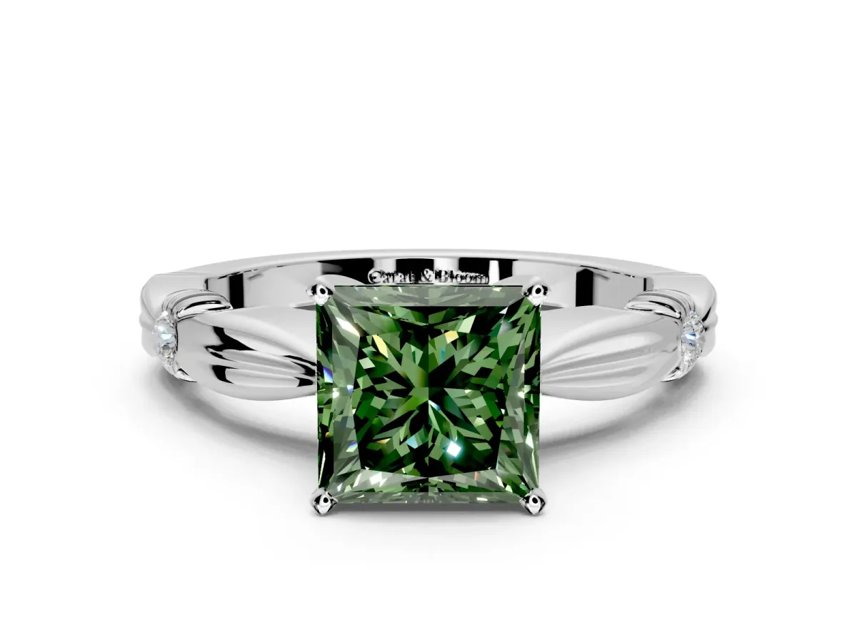 Solitaire Engagement Ring Setting for Fancy Green Princess Cut Center with Carved Leaf Shoulders and Prong Head in Platinum