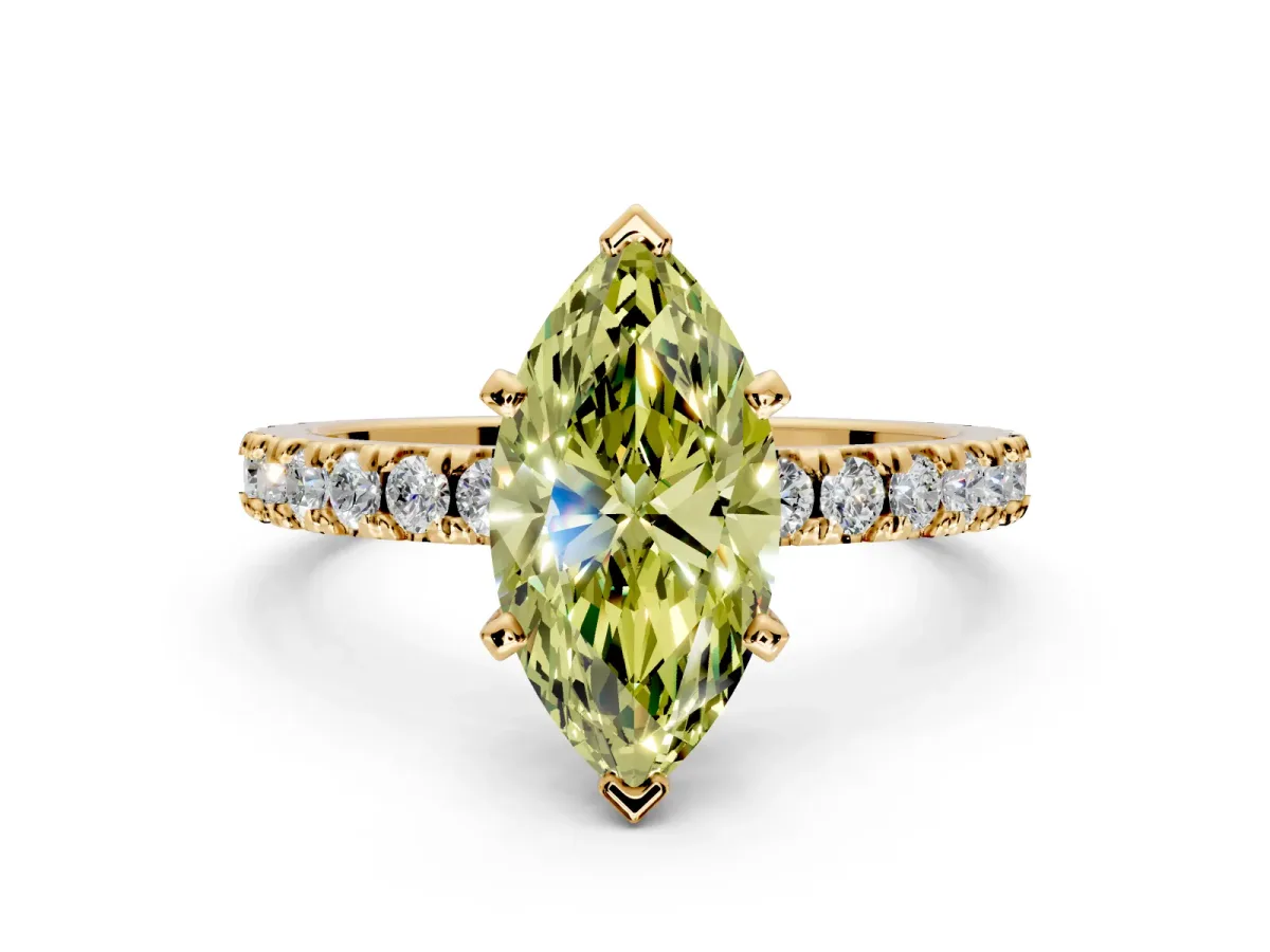 Solitaire Engagement Ring Setting for Fancy Yellow Marquise Center with Fine Pave Band and Claw Prong Head in Yellow Gold