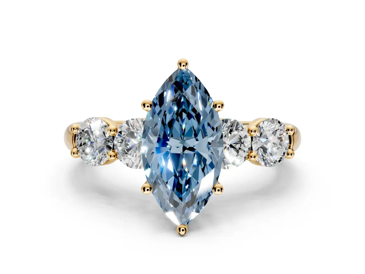 5 Stone Engagement Ring Setting for Fancy Blue Marquise Center with Graduated Accents and Prong Head in Yellow Gold