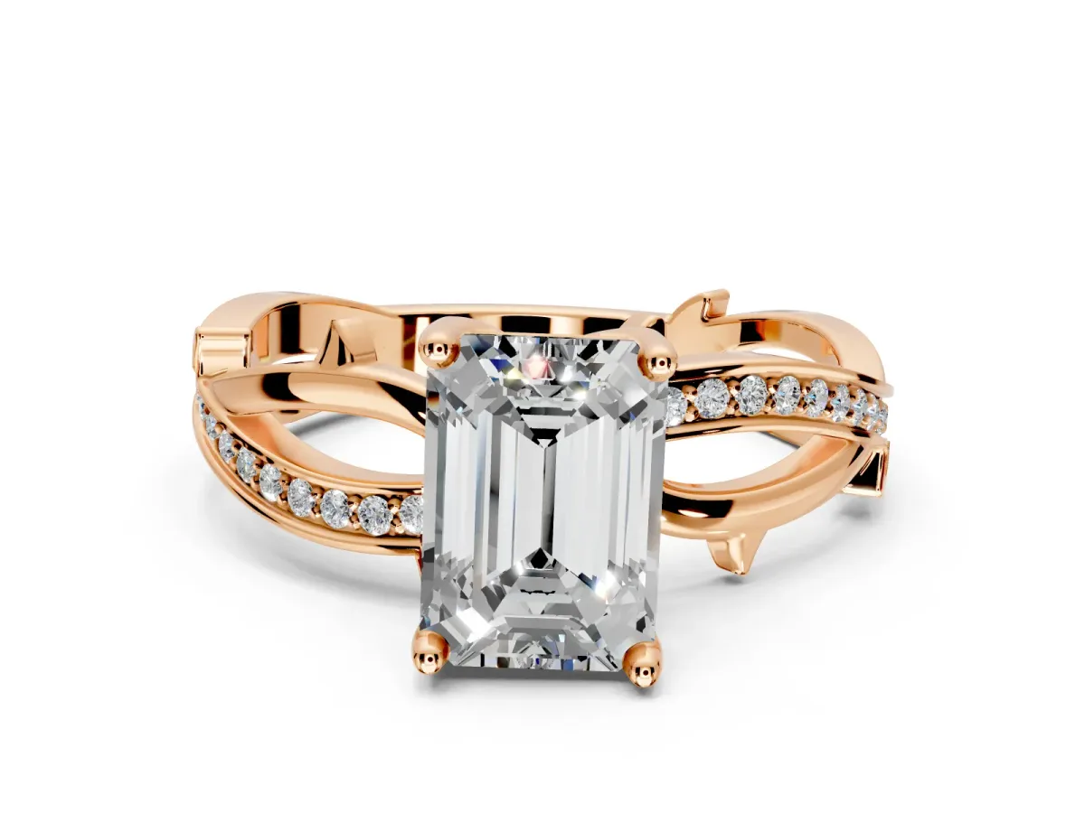 Solitaire Engagement Ring Setting for Emerald Cut Center with Pave and Plain Crossover Band and Prong Head in Rose Gold