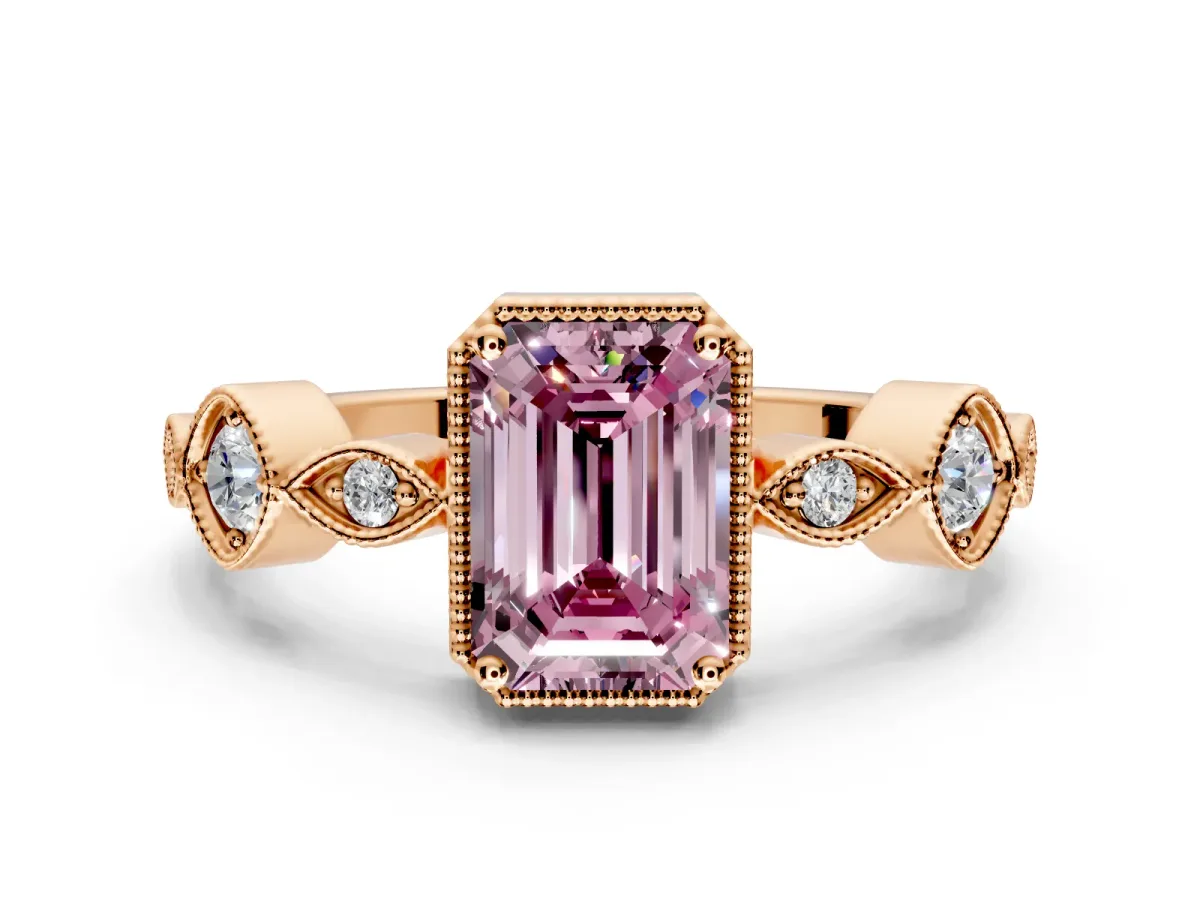 Vintage Station Engagement Ring Setting for Fancy Pink Emerald Cut Center with Accents and Prong Head in Rose Gold