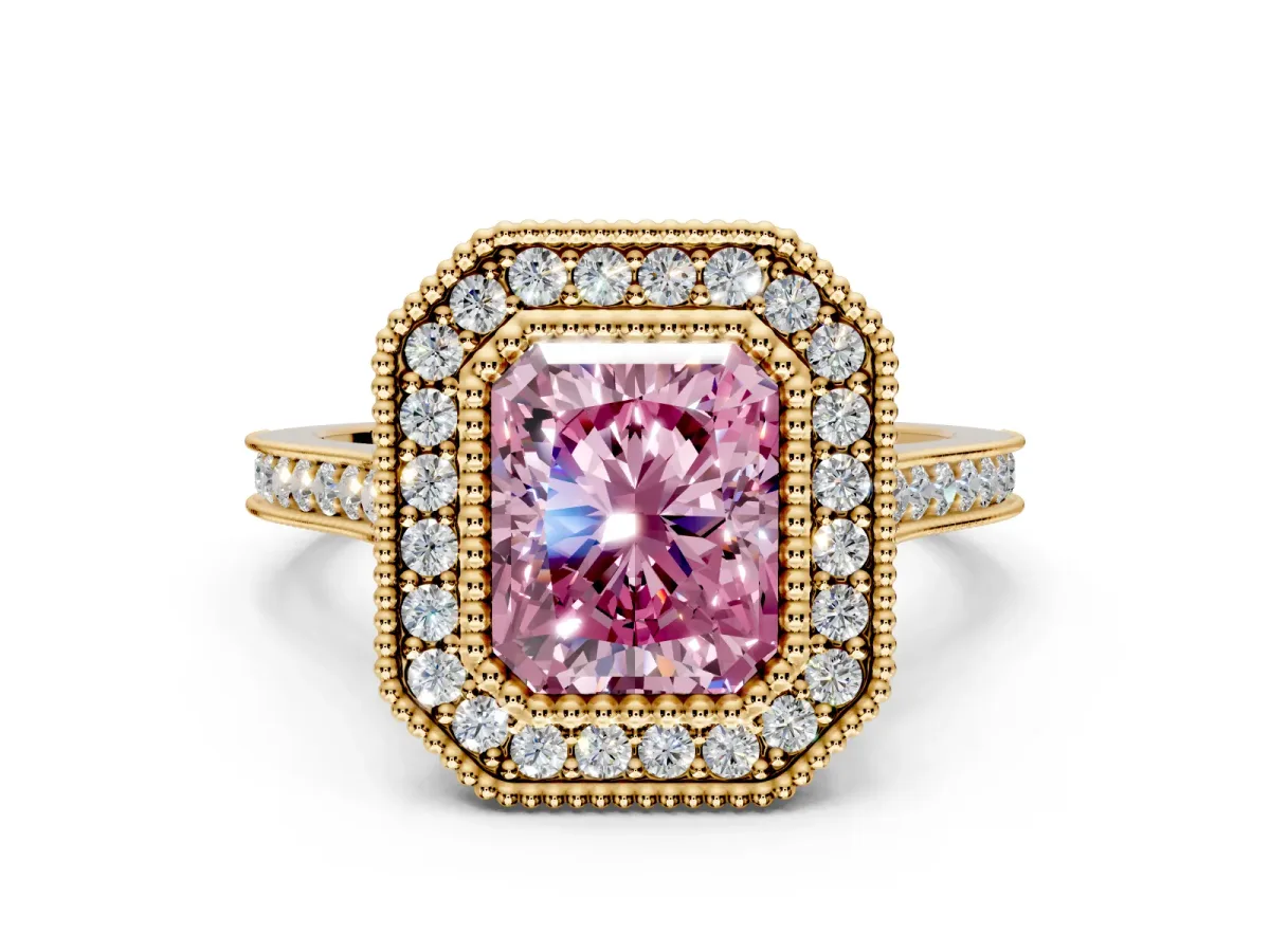 Halo Engagement Ring Setting for Fancy Pink Radiant Cut Center with Milgrain Frame, Pave Band and Prong Head in Yellow Gold