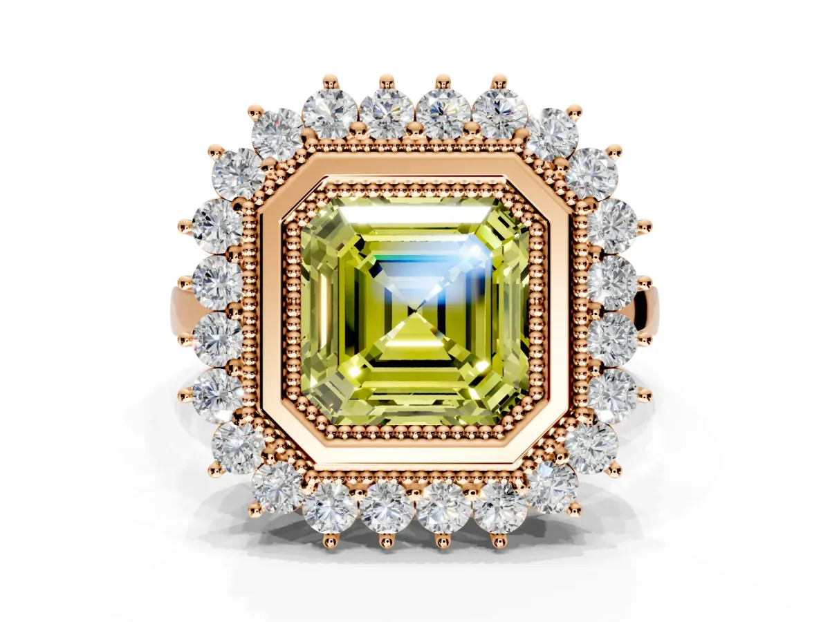 Halo Engagement Ring Setting for Fancy Yellow Asscher Cut Center with Milgrain Bezel Rim, Plain Band and Prong Head in Rose Gold