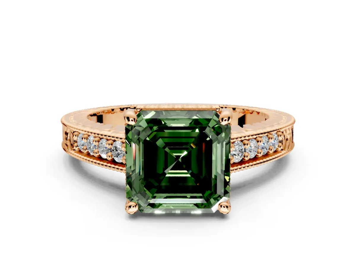 Engraved Engagement Ring Setting for Fancy Green Asscher Cut Center with Milgrain Pave Band and Prong Head in Rose Gold