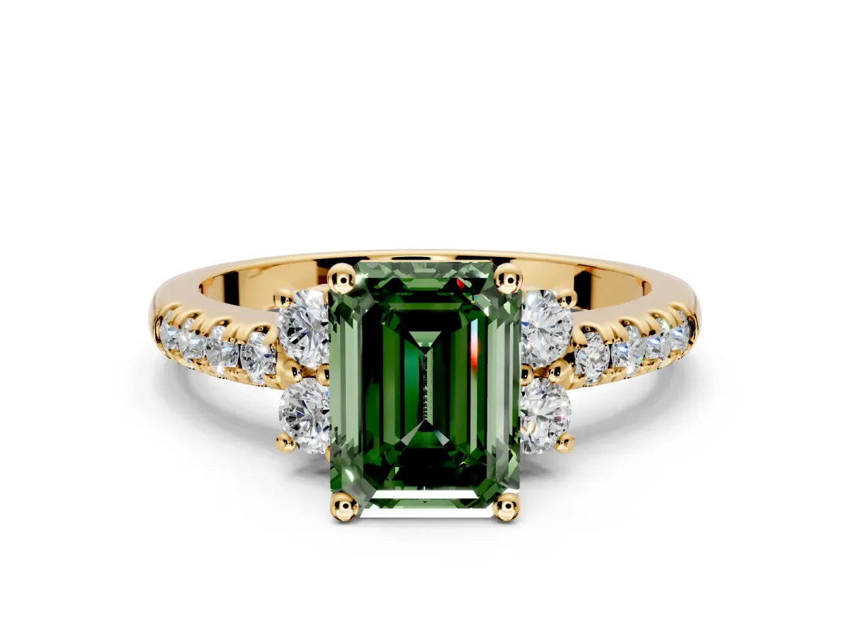 Paired Accent Engagement Ring Setting for Fancy Green Emerald Cut Center with Pave Band and Prong Head in Yellow Gold