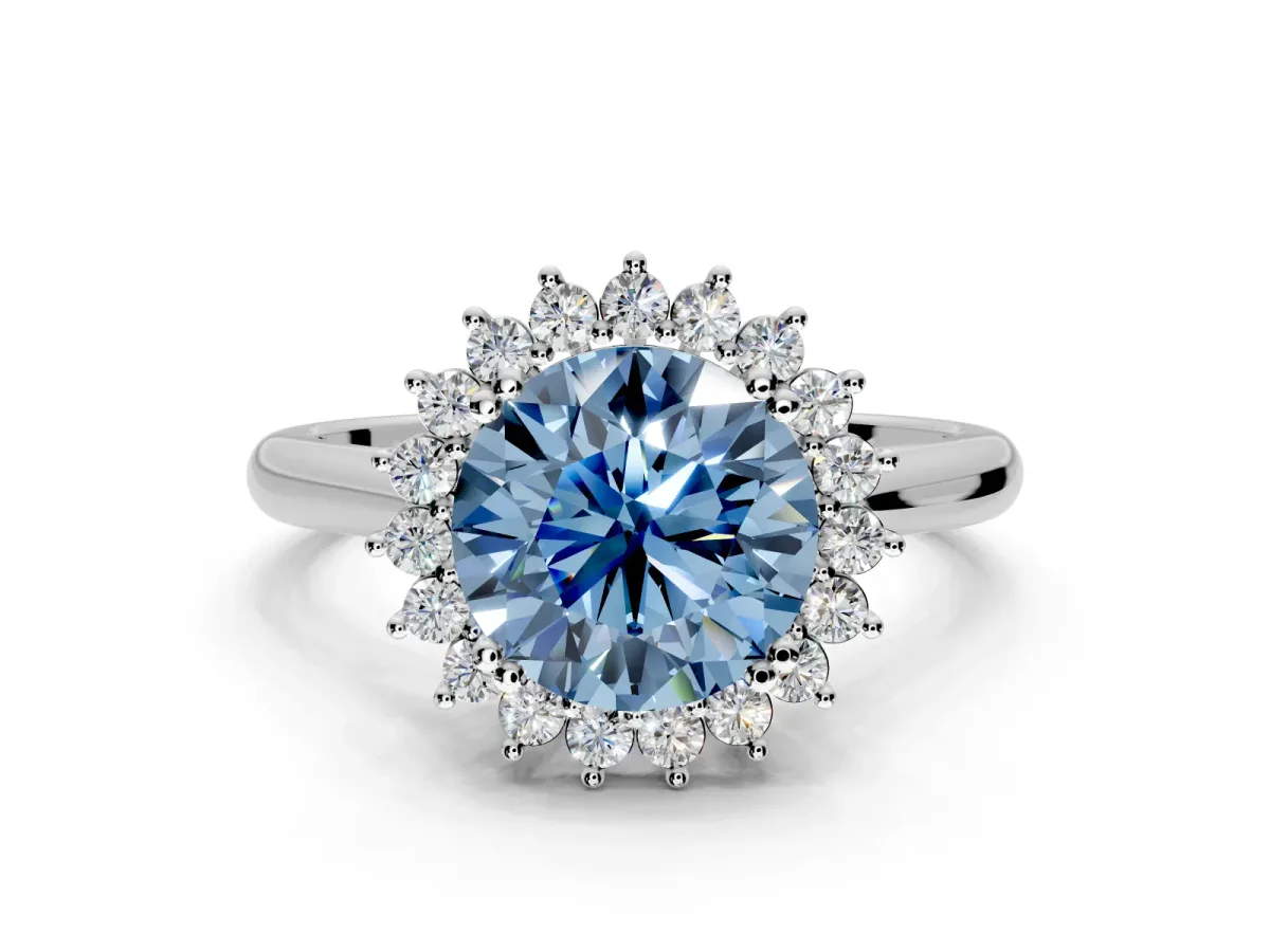 Starburst Halo Engagement Ring Setting for Fancy Blue Round Cut Center with Thin Round-Wire Band and Prong Head in White Gold