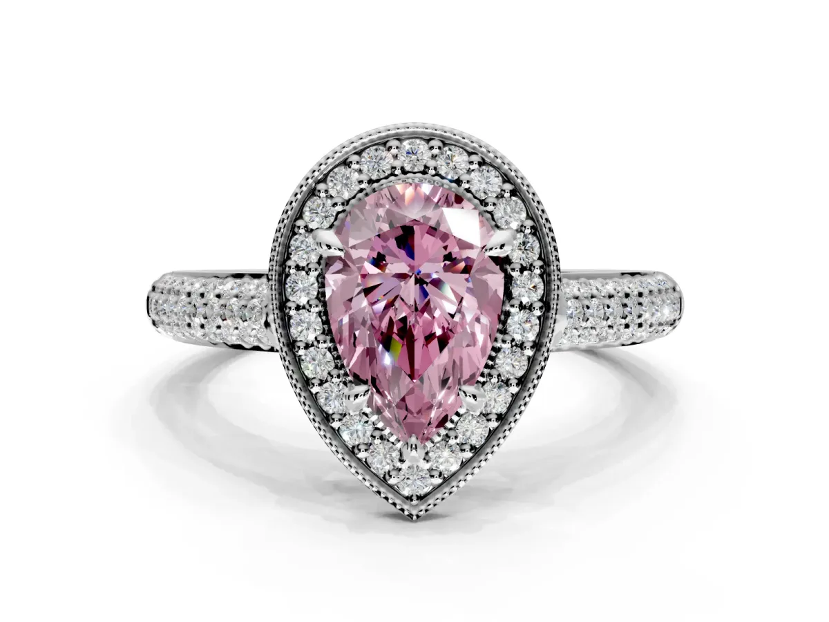 Milgrain Halo Engagement Ring Setting for Fancy Pink Pear-Shaped Center with Three-Sided Pave Band and Prong Head in Sterling Silver
