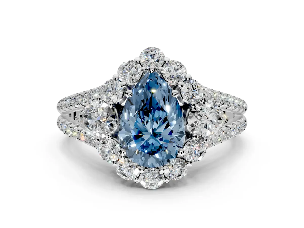 Halo Engagement Ring Setting for Fancy Blue Pear-Shaped Center with Two-Strand Split Shank and Prong Head in Sterling Silver