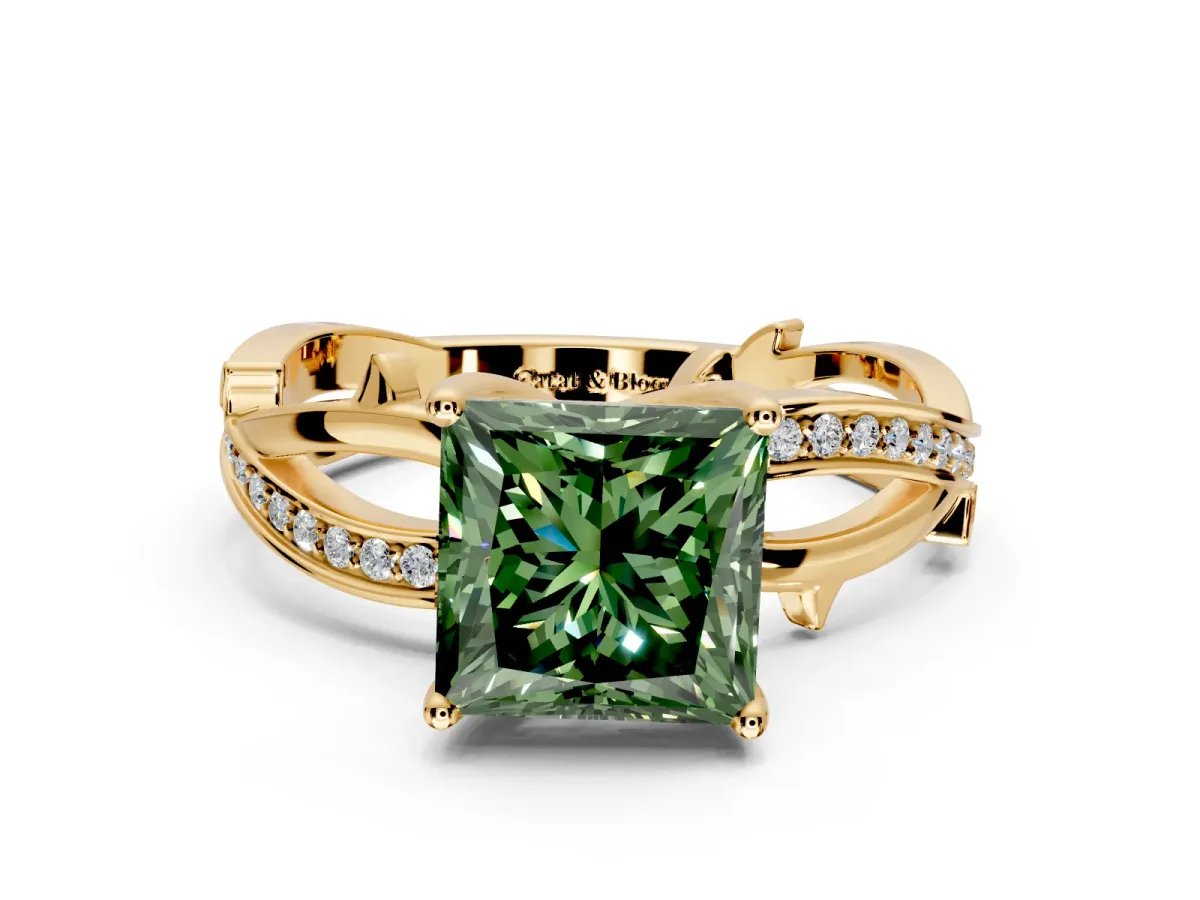 Solitaire Engagement Ring Setting for Fancy Green Princess Cut Center with Pave and Plain Crossover Band and Prong Head in Yellow Gold