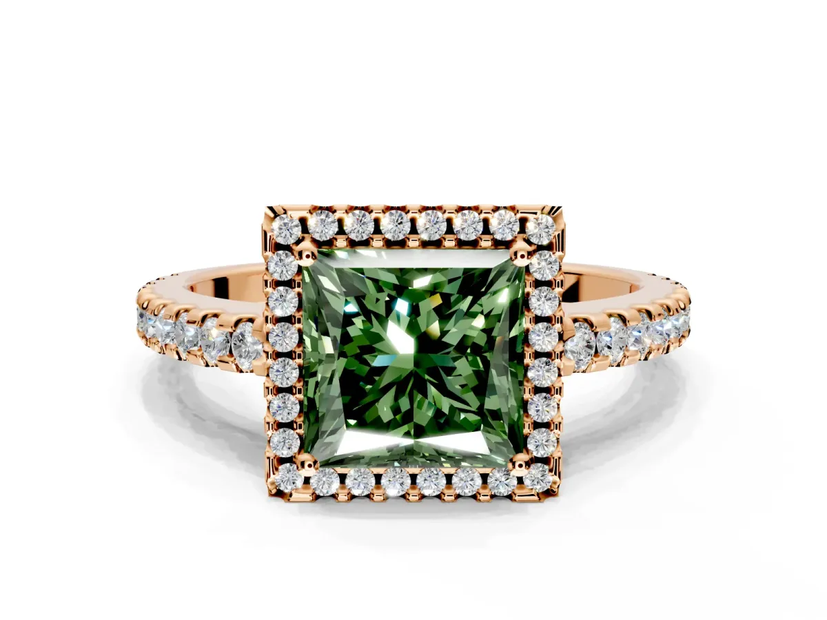 Accent Halo Engagement Ring Setting for Fancy Green Princess Cut Center with Full-Length Pave Band and Prong Head in Rose Gold