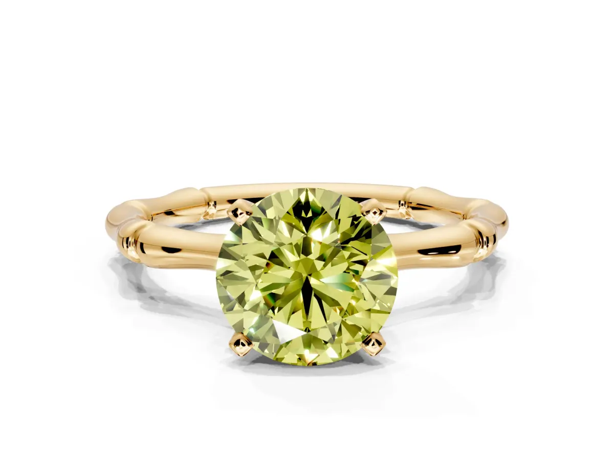 Solitaire Engagement Ring Setting for Fancy Yellow Round Cut Center with Bamboo Band and Prong Head in Yellow Gold