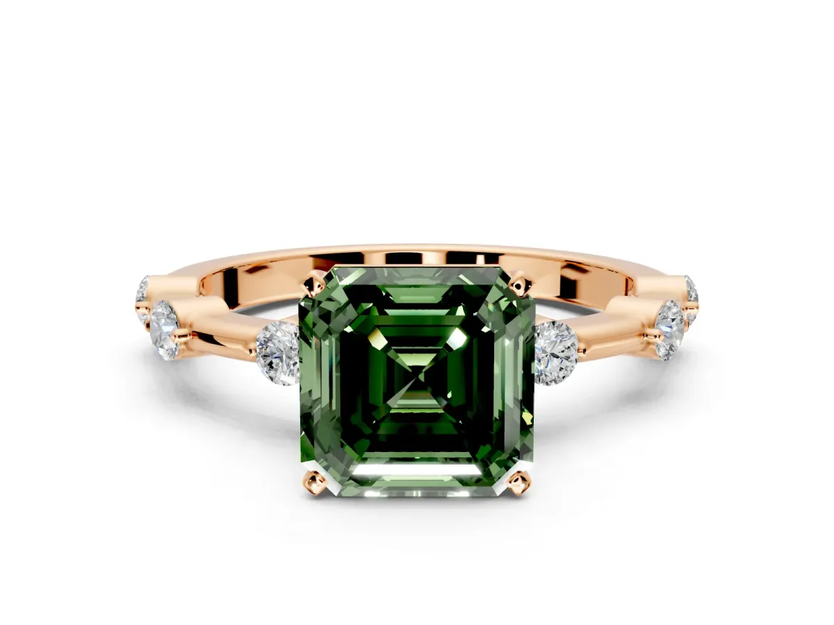 Solitaire Engagement Ring Setting for Fancy Green Asscher Cut Center with Bezel Station Band and Prong Head in Rose Gold