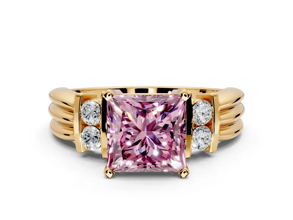 Solitaire Engagement Ring Setting for Fancy Pink Princess Cut Center with Grooved Bar Accent Band and Prong Head in Yellow Gold