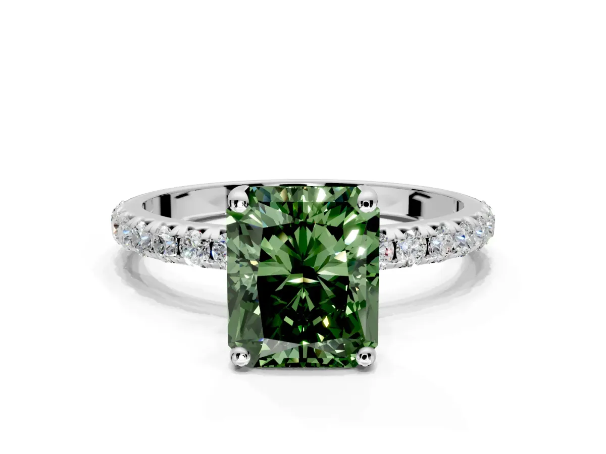 Solitaire Engagement Ring Setting for Fancy Green Radiant Cut Center with Micro Pave Band and Prong Head in White Gold