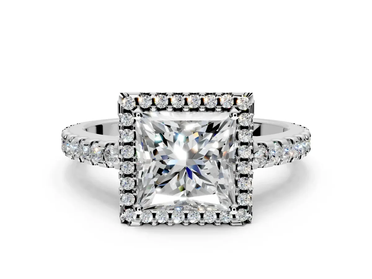 Accent Halo Engagement Ring Setting for Princess Cut Center with Full-Length Pave Band and Prong Head in Sterling Silver