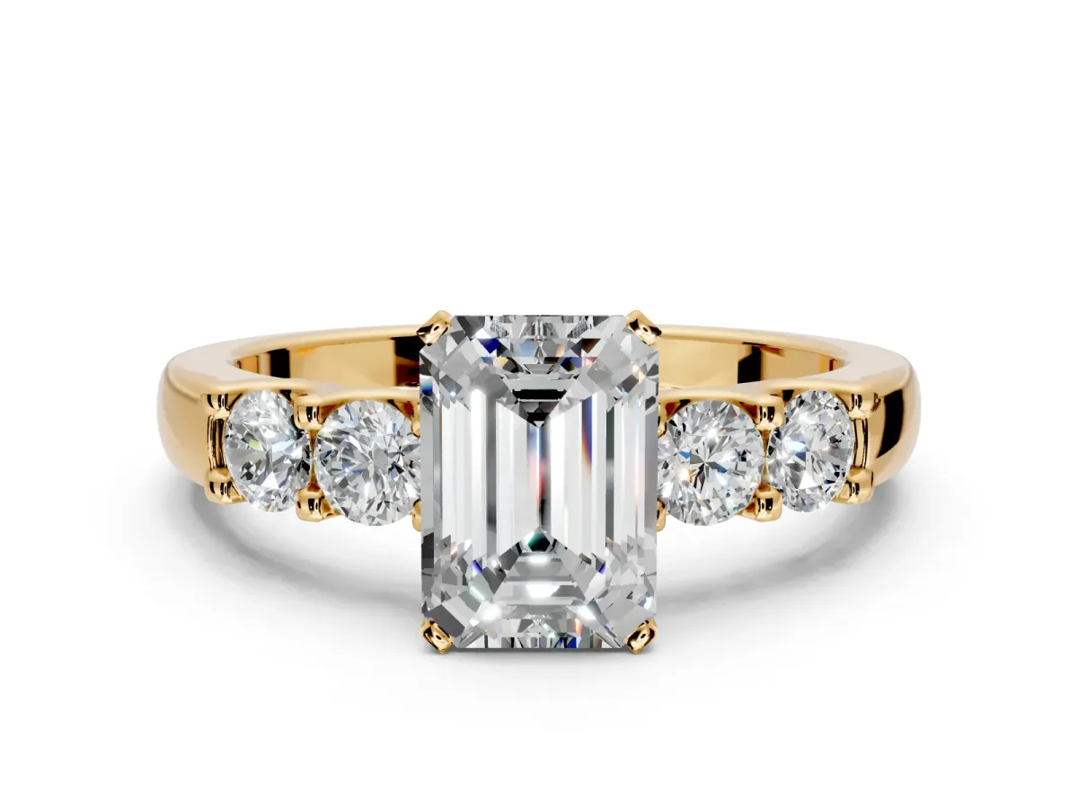 5 Stone Engagement Ring Setting for Emerald Cut Center with Plain Band and Prong Head in Yellow Gold
