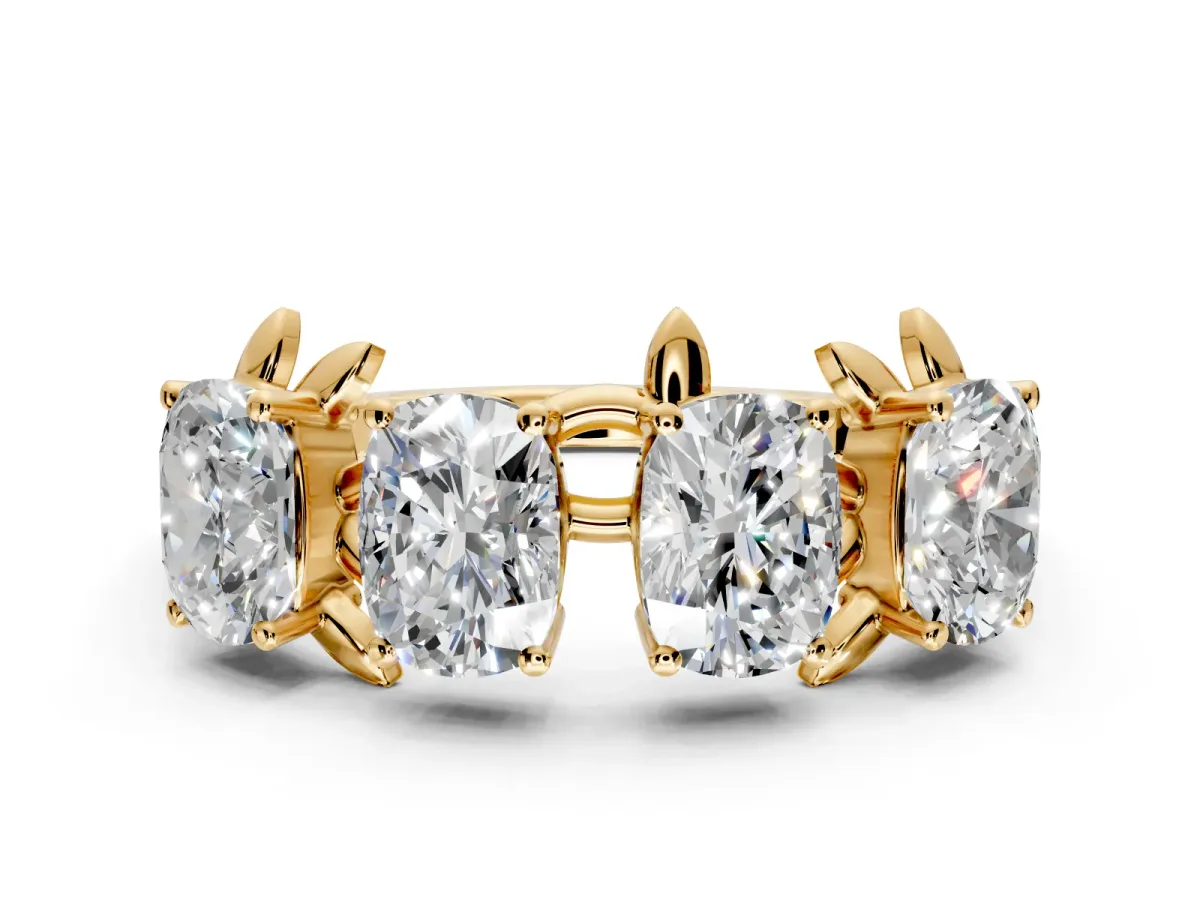 Elongated Cushion Cut Lab-Grown Diamond 4 Stone Wedding Band with Leaf Prongs in Yellow Gold