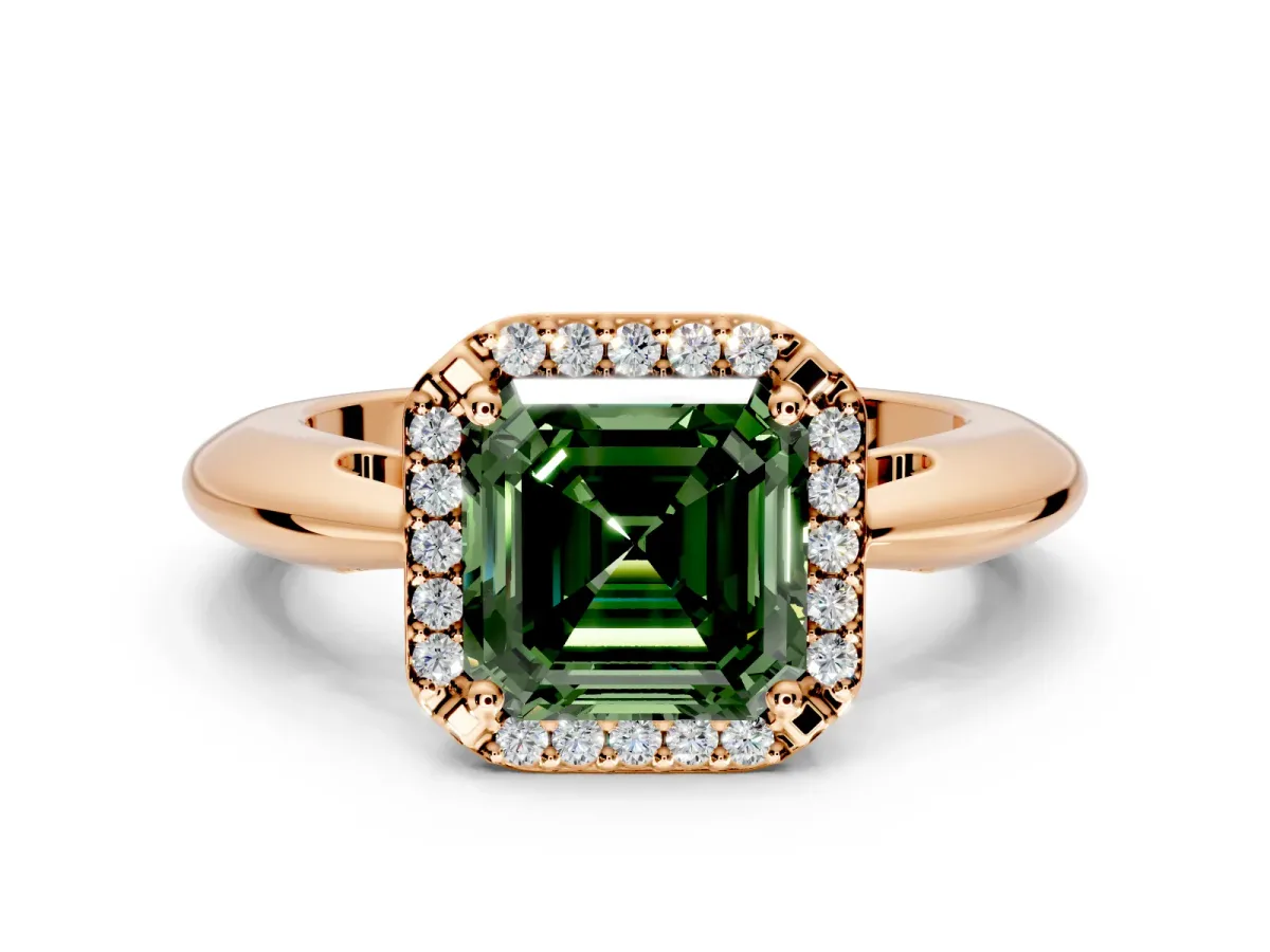 Halo Engagement Ring Setting for Fancy Green Asscher Cut Center with Tapered Plain Band and Prong Head in Rose Gold