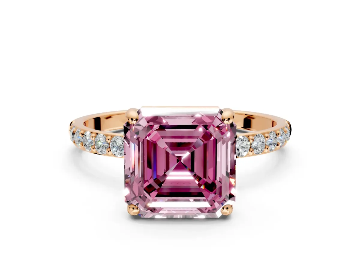 Solitaire Engagement Ring Setting for Fancy Pink Asscher Cut Center with Pave Accents and Prong Head in Rose Gold