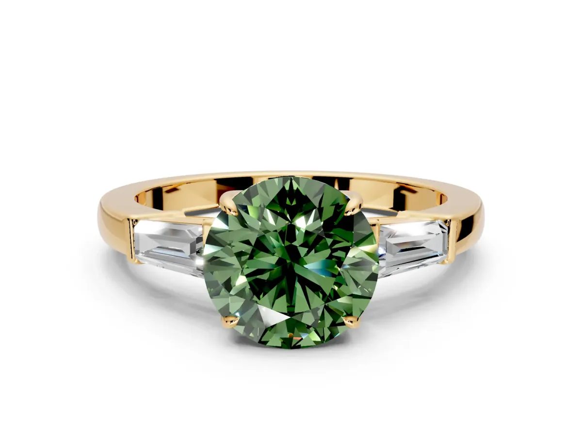 3 Stone Engagement Ring Setting for Fancy Green Round Cut Center with Baguette Accents and Prong Head in Yellow Gold