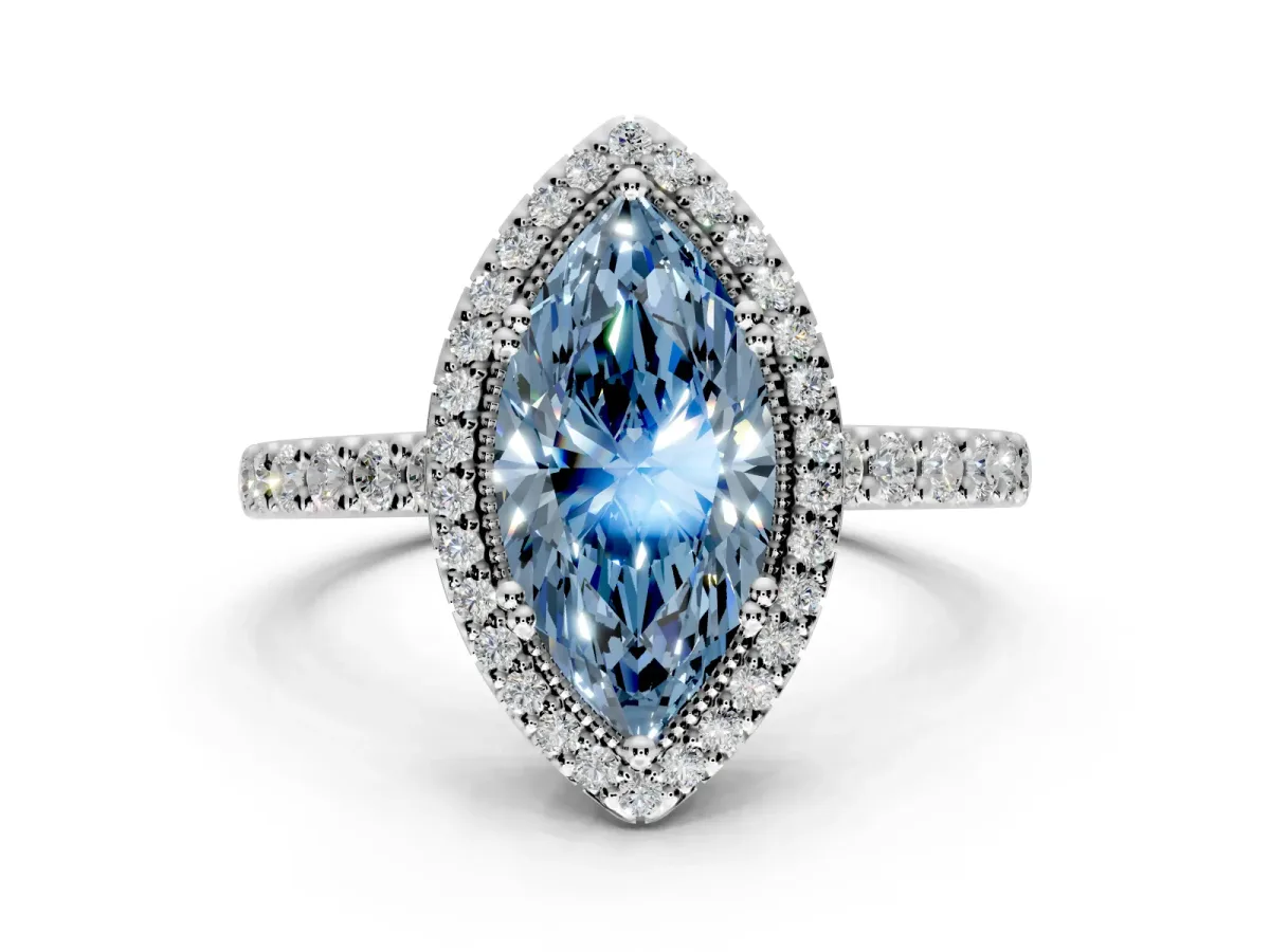 Halo Engagement Ring Setting for Fancy Blue Marquise Center with Inner Milgrain Border and Prong Head in Platinum