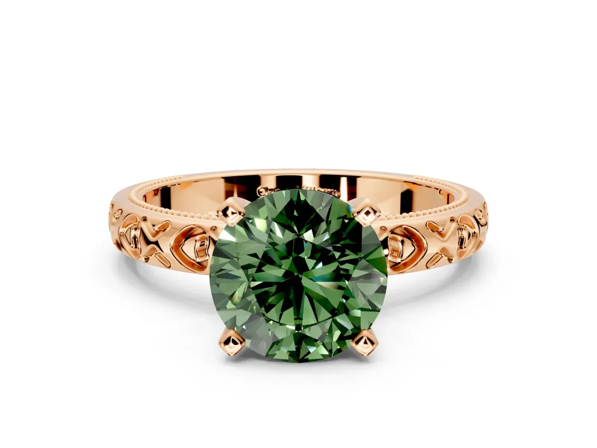 Solitaire Engagement Ring Setting for Fancy Green Round Cut Center with XO Engraved Band and Prong Head in Rose Gold