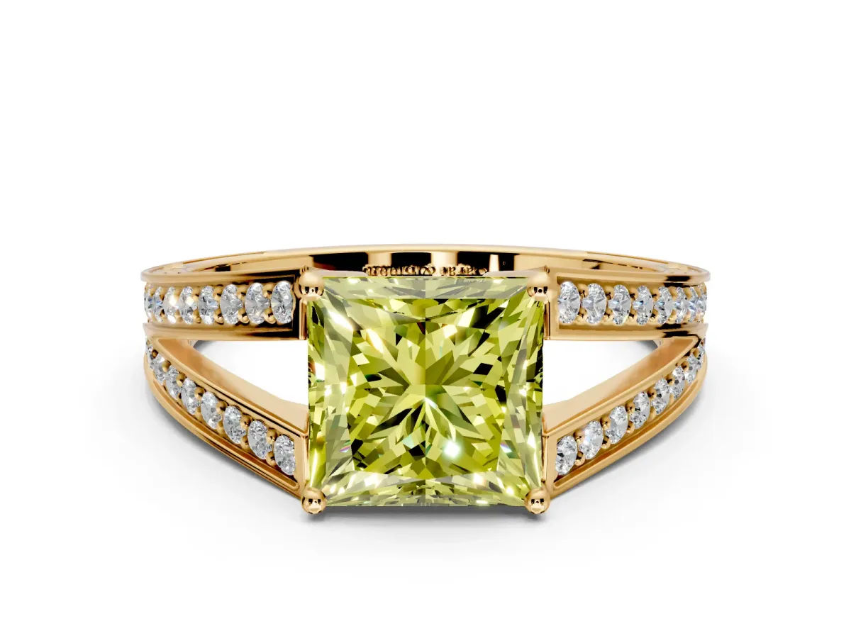 Split Shank Engagement Ring Setting for Fancy Yellow Princess Cut Center with Pave Split Shank and Prong Head in Yellow Gold