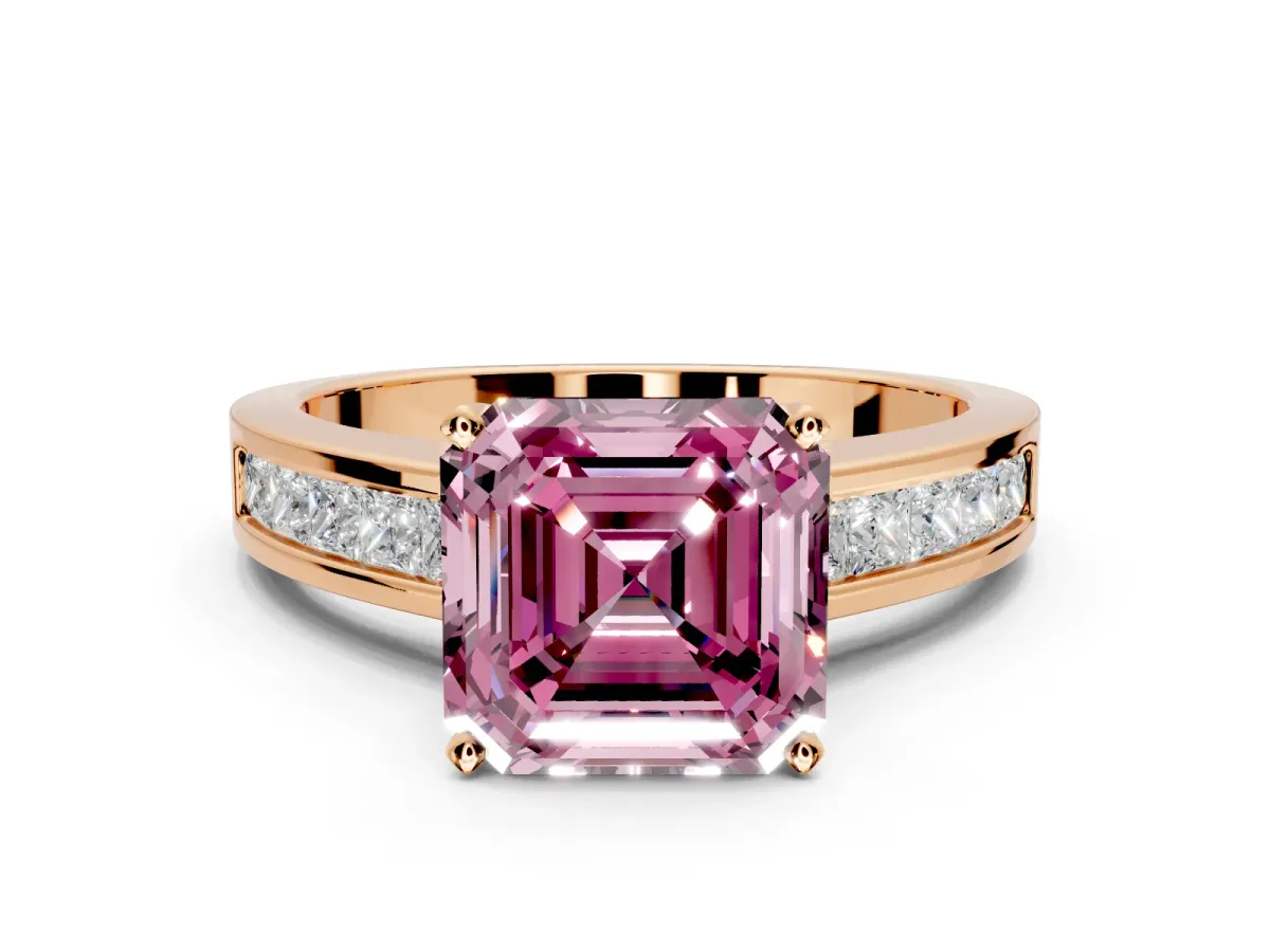 Solitaire Engagement Ring Setting for Fancy Pink Asscher Cut Center with Princess Cut Channel Band and Prong Head in Rose Gold