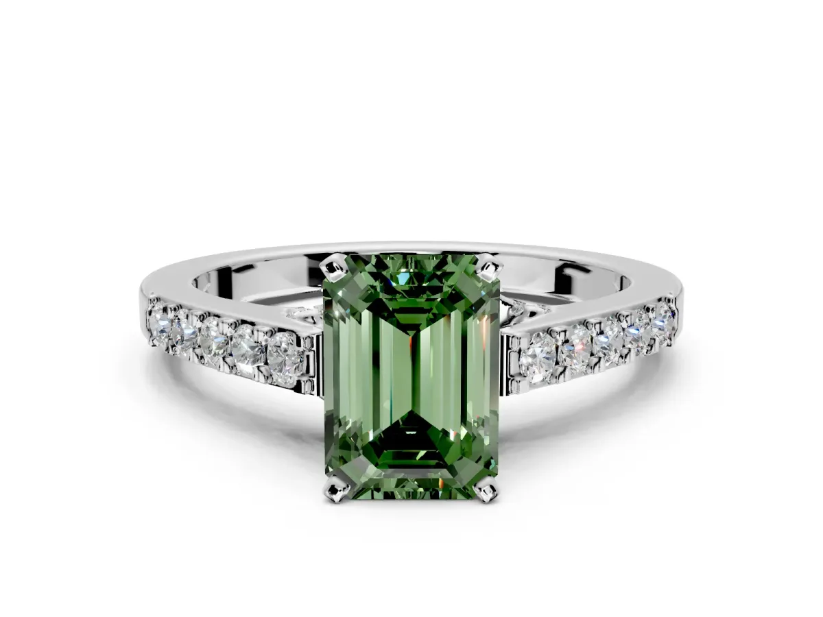 Solitaire Engagement Ring Setting for Fancy Green Emerald Cut Center with Crossover Accents and Prong Head in Sterling Silver